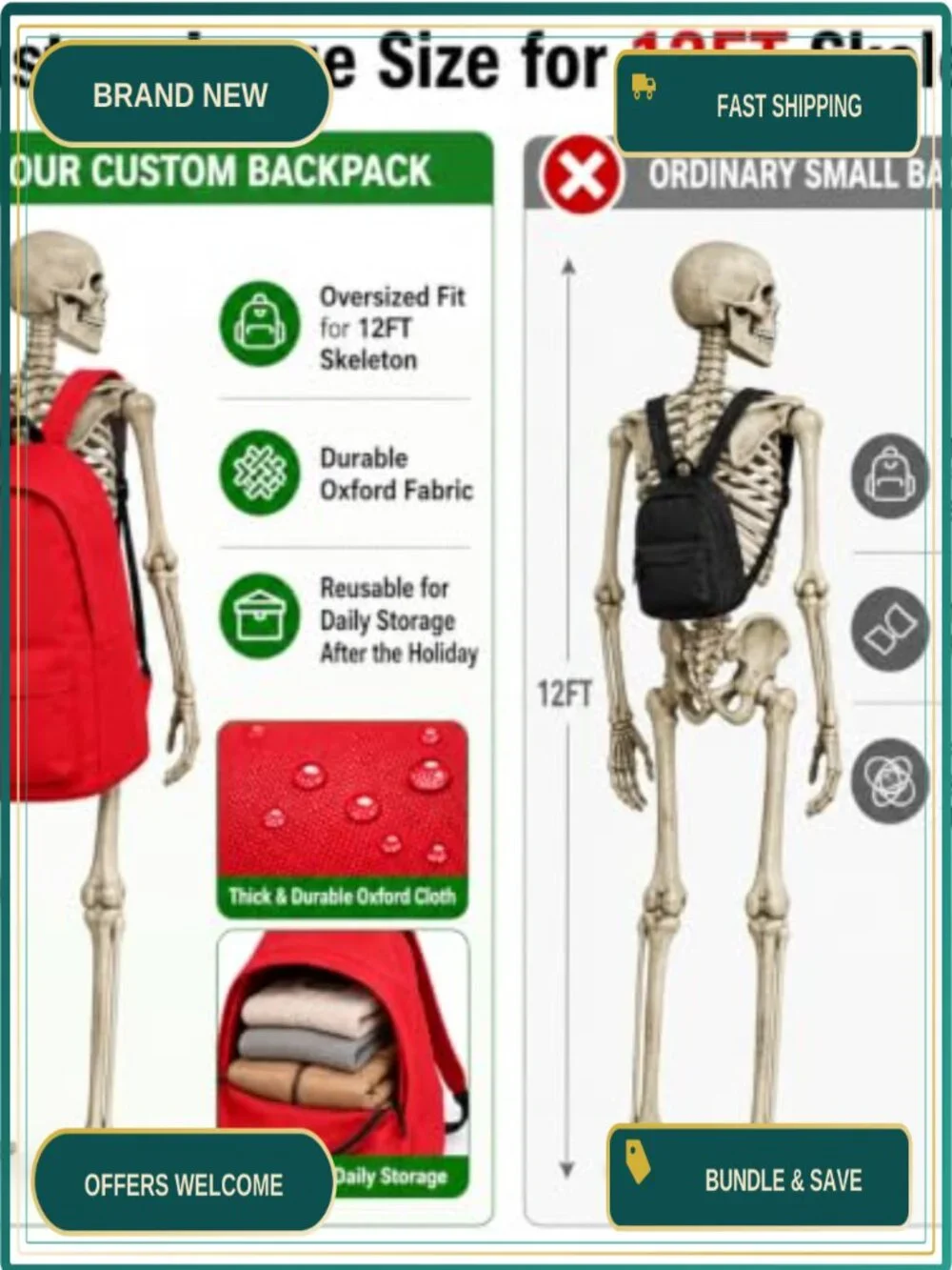 12FT Skeleton Back to School Outfit Costume Accessory Set w/ Backpack, Sign,